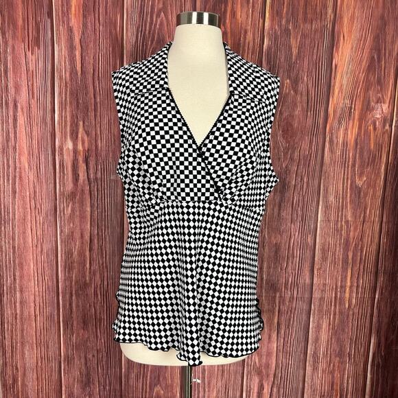 Giorgio firolini Y2K Checkered Sleeveless Top Black & White Collared Size XL - Picture 7 of 7